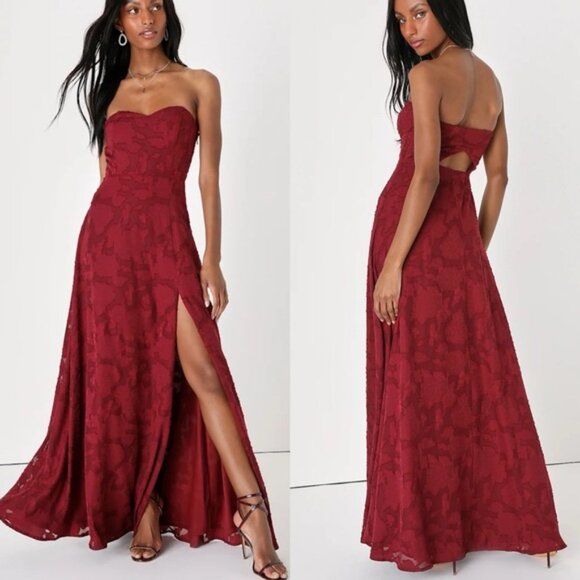 Lulus Dresses & Skirts - Lulus | Garden of Romance Burgundy Floral Burnout Strapless Maxi Dress